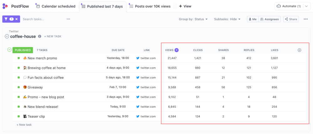 Social media post metrics in ClickUp by PostFlow