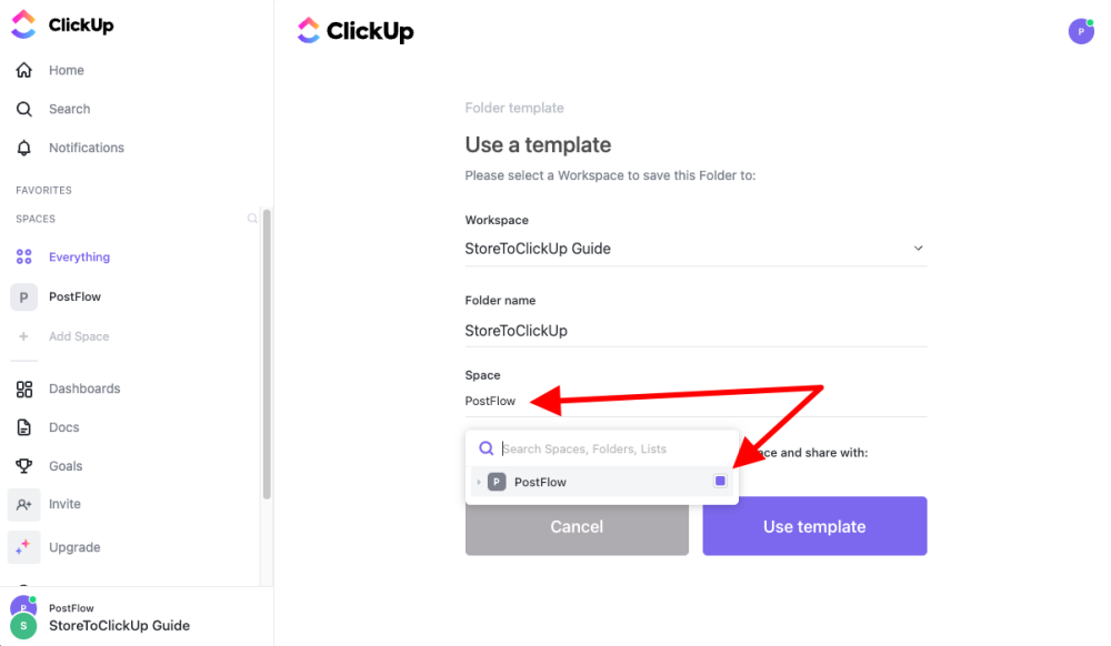 ClickUp use a template page